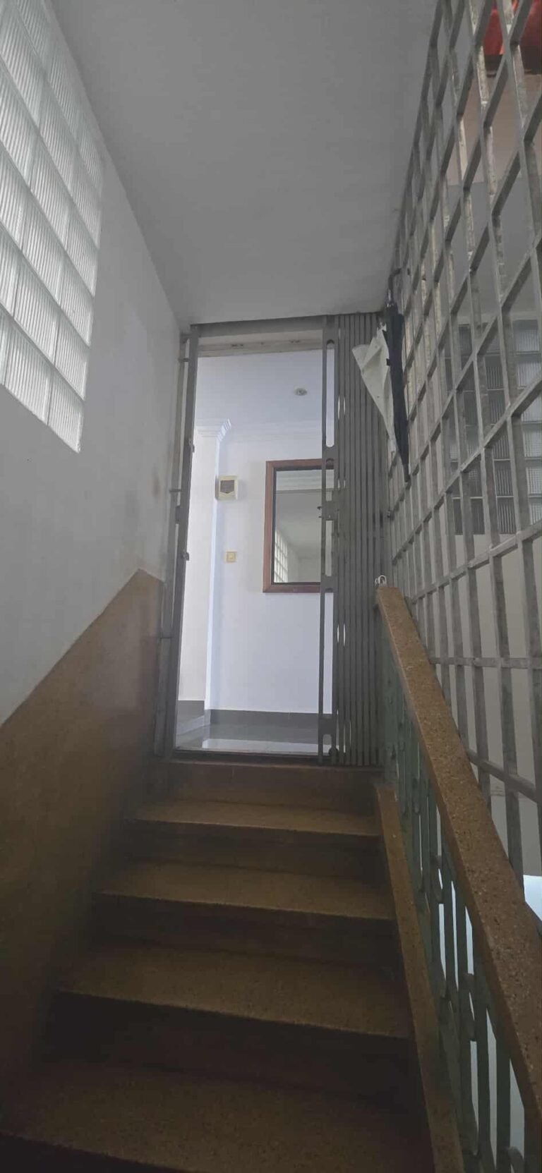 Final staircase leading to a bright apartment entrance at the top of an older walk-up building