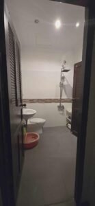 Compact bathroom with walk-in rainfall shower, toilet, small sink, and tiled walls
