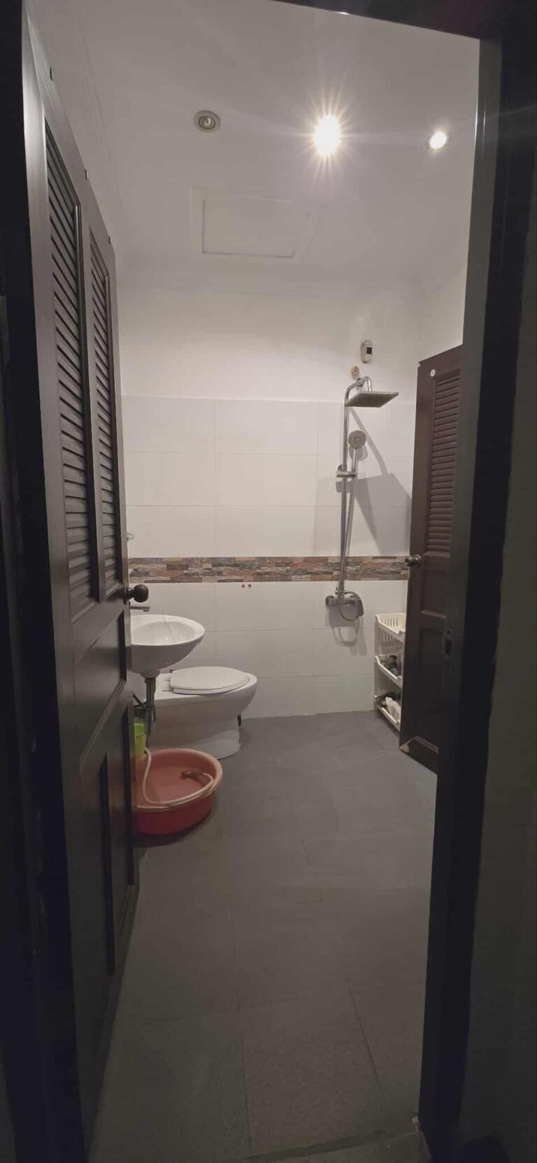 Compact bathroom with walk-in rainfall shower, toilet, small sink, and tiled walls